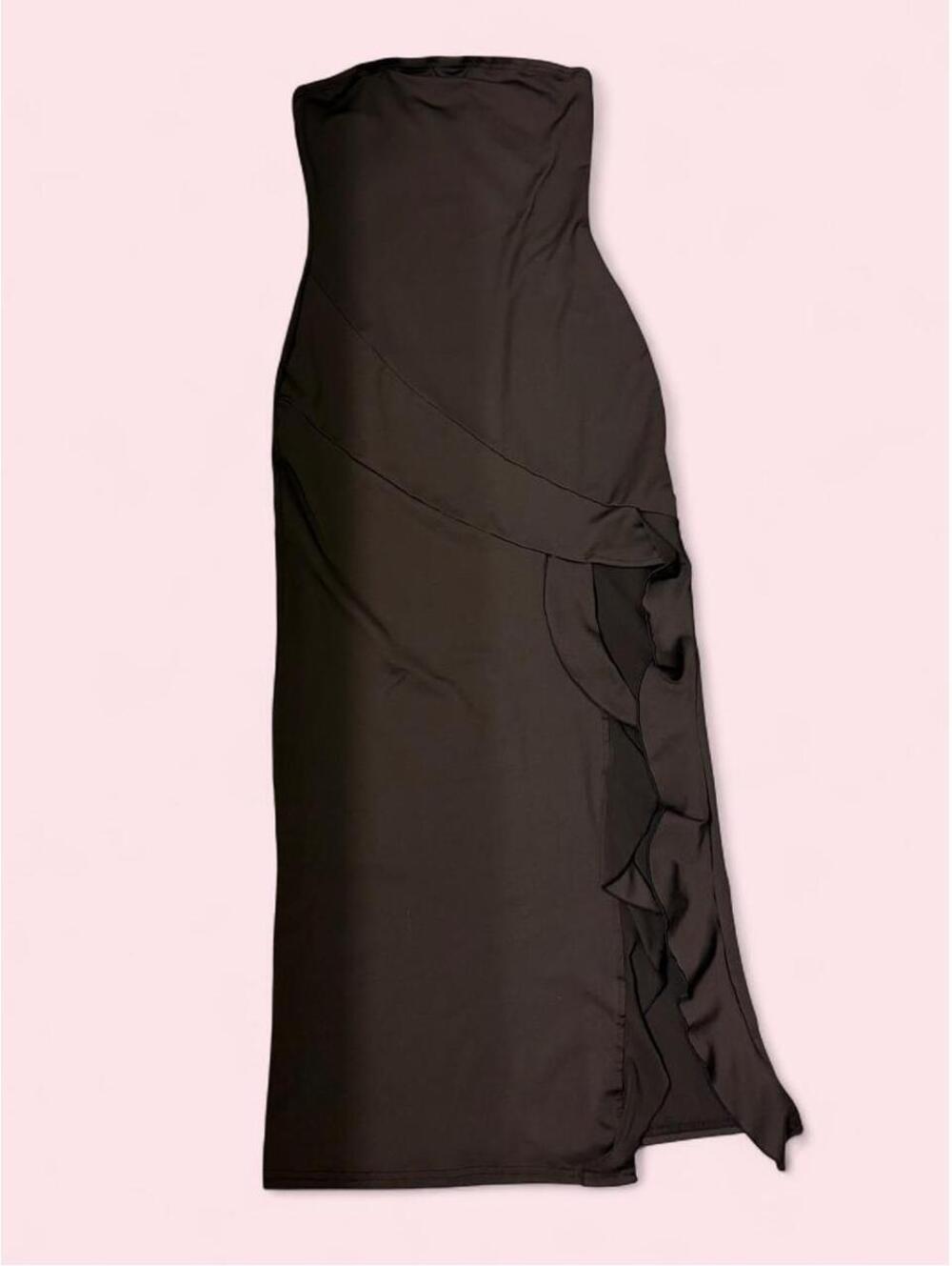 SHEIN Black fitted strapless maxi dress with ruffle slit detail, size S